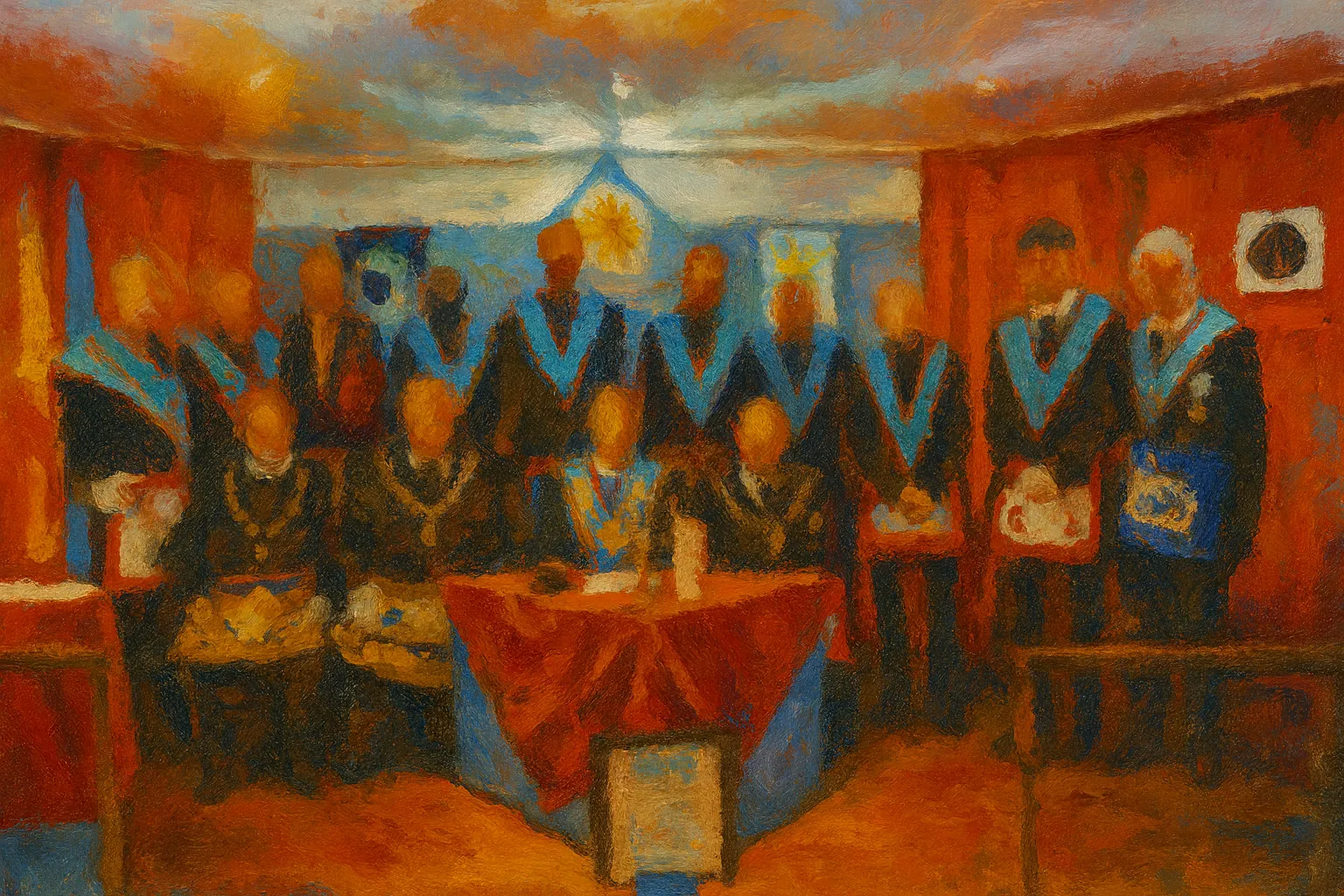 Masones posando en cuadro artistico