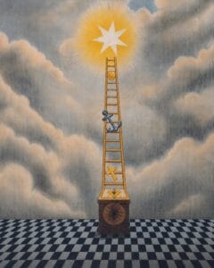 Ilustración de la Escala de Jacob apoyada sobre la piedra cúbica y el pavimento de mosaico, mostrando la cruz, el ancla y el corazón, símbolos masónicos de Fe, Esperanza y Caridad.