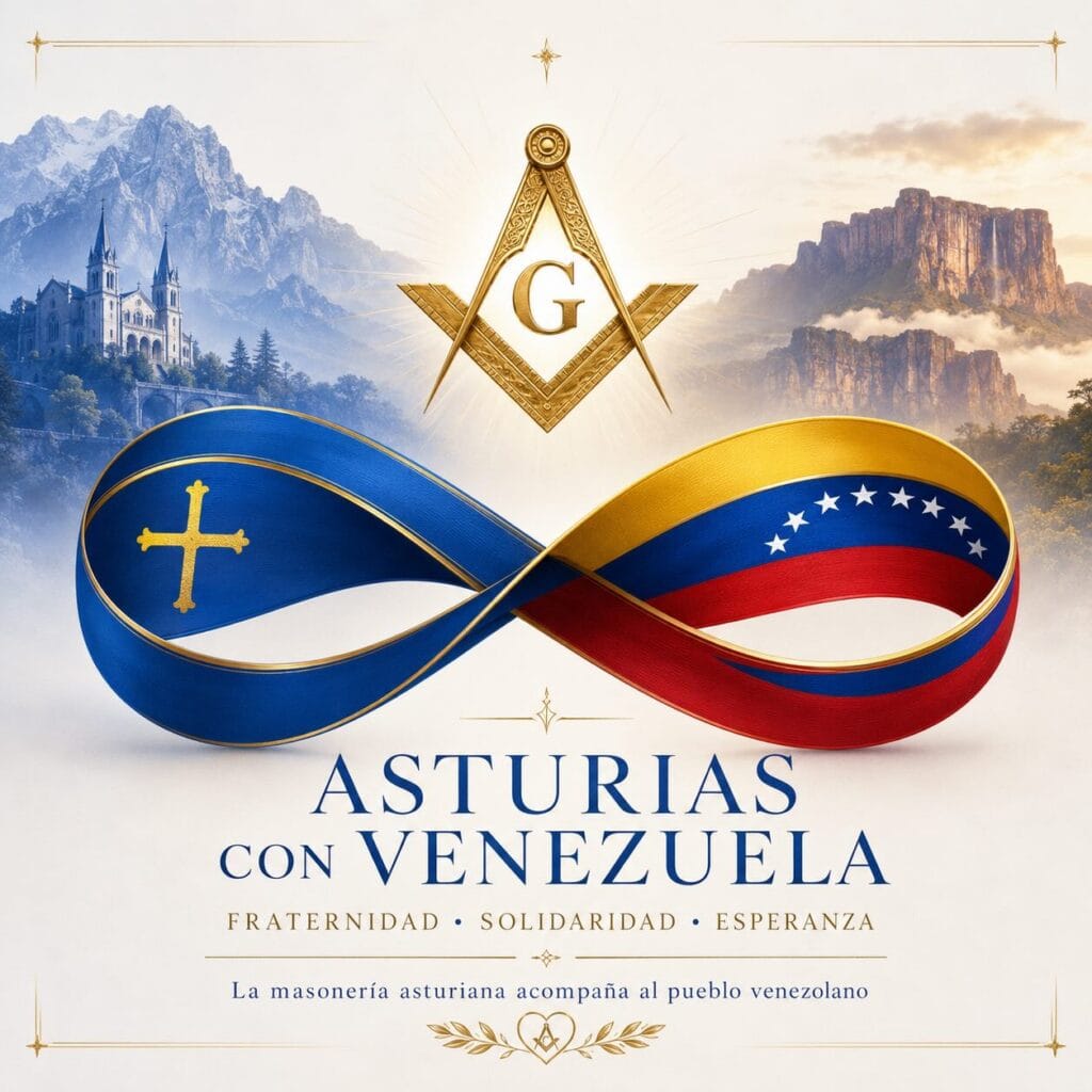 Lazo infinito entrelazando las banderas de Asturias y Venezuela junto a la escuadra y el compás, expresando la solidaridad de la masonería en Asturias.